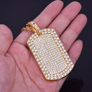 Necklace ~ Hip Hop ~ Crystals ~ Gold ~ Dog Tag